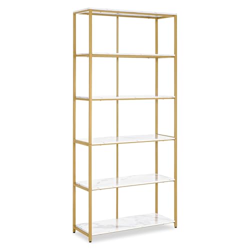 Barberpub Bibliothèque dorée à 5 niveaux, étagère de bureau avec cadre en métal, étagère pour bureau, salon, chambre à coucher, cuisine, salon de manucure, blanc marbré, 30 x 80 x 180 cm, 5166