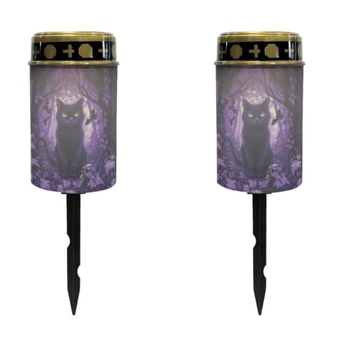 Image of Black Cat Solar Memorial Lights for Graves 2 Pcs | Halloween Solar Lights for Cemetery Grave Decorations Water Resistant LED Flameless Candle for Grave Memorial Gift Decor