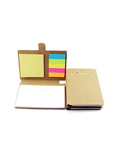 BcPowr Pack of 3 Multi-function Sticky Notes Flag Set Kraft Paper Notebook With Index Tabs Page Flags Neon Color Notepad With Pen in Holder and Sticky Notes, Page Marker Colored Index Tabs Flags