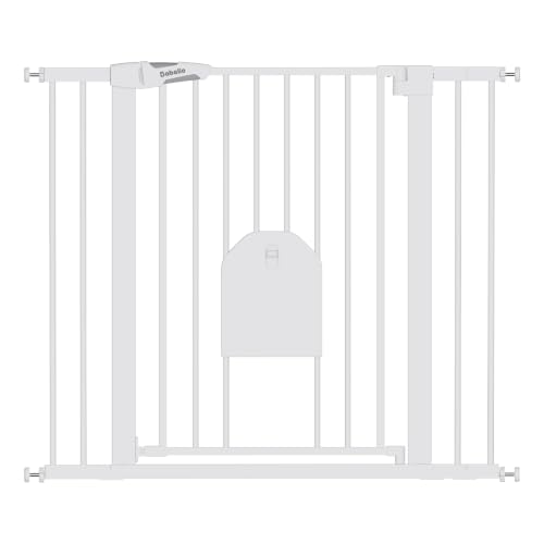 Image of Babelio 36 inch Tall Baby Gate with Adjustable Cat Door, CatPrivilege I, 29-43 inch | Auto Close, Safety Gate for Stairs, Easy Walk Thru with Pet Door, Includes 4 Wall Cups and 3 Extension Pieces, White