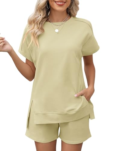 Image of LOMON Womens Fashion 2 Piece Outfits Sweatsuits 2026 Summer Short Sleeve Loungewear Tracksuit Round Neck Lounge Shorts Sets