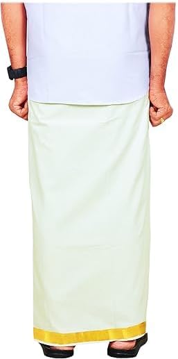 Eternals Mens Gold Jari Border Cotton Dhoti 4.00 Meters Double Mundu/Vesti, 1.5 Inch Gold Jari