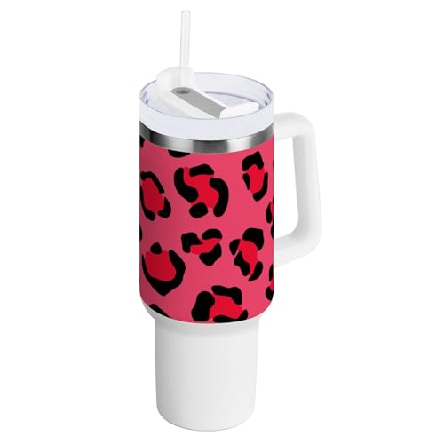 Vaso de 40 onzas con popote y tapa, doble pared aislada al vacío, botella de agua de acero inoxidable, taza de café helado, tigre, rosa, camuflaje, pantera, puntos carmesí, jaguar negro, botella