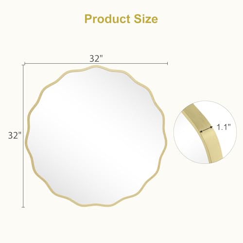 Image of WallBeyond Round Wavy Mirror for Wall Decorative 32 inch, Modern Round Mirror Aluminum Frame for Bathroom Bedroom Living Room Home House Office Entryway, Gold
