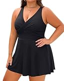 Plus Size Tankini Swimsuit - Two Piece Swimsuit Dress Tummy Control Swimwear 2025 Cross Back Bathing Suit Black 14 Plus