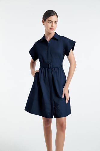 D-Sun Women Casual Button Down Shirt Dress V-Neck Short Sleeves Mini Shirt Dress Belted Short Party with Pockets3