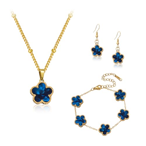 Ensemble de Bijoux Trèfle à Quatre Feuilles pour Femme Fille 18K Plaqué Acier Inoxydable Trèfle à Quatre Feuilles Collier Boucles d'oreilles Bracelet Set Réglable...