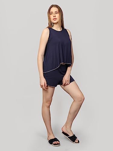 Image of Evolove Women's Micro Modal Round Neck Sleeveless Night Suit /Top & Short Set Super Soft Comfortable (Modal-Shorts Set)
