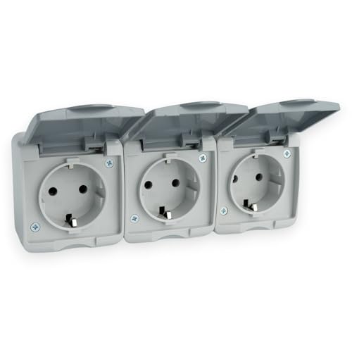 3-Fach Steckdose mit Klappdeckel Aufputz 230V 16A IP44 Waagerecht Aufputzsteckdose Feuchtraum Schuko-Steckdose mit Feuchtraumsteckdose Spritzwassergeschützt und Staubdicht Grau