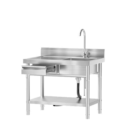Image of Stainless Steel Utility Sink, Free-Standing Commercial Sink with Workbench, Drawer Storage & Hot /Cold Water Pipes for Kitchen Laundry, Farmhouse & Outdoor 39.5 x 23.6 x 31.4 in