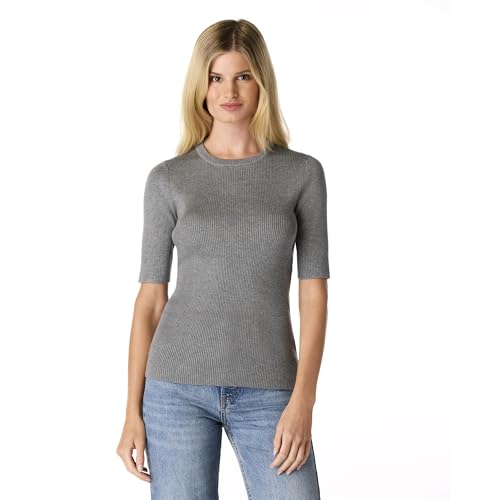 Cable & Gauge Women's Crewneck Ribbed Sweater Elbow-Length Sleeve Top,