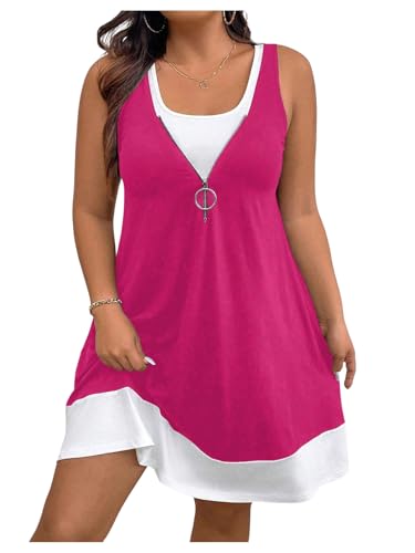 Image of Verdusa Women's Plus Size Summer Dress Color Block Quarter Zip Tank Dress Sleeveless Short Dresses