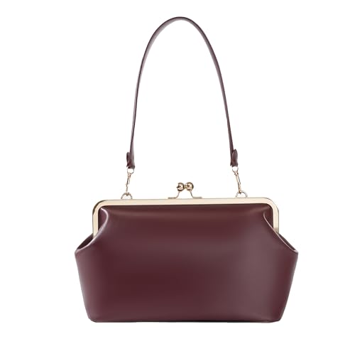NOTG Kiss Lock Purse for Women Large PU Leather Kisslock Frame Handbag Red Shoulder Bag Clutch Tote with Metal Clasp Detachable Shoulder Strap