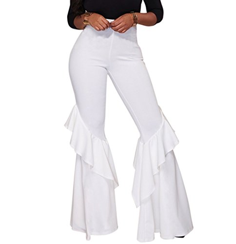 GUOLEZEEV Women Comfy Chic Ruffle Flared Bottom Wide Leg Pants White L