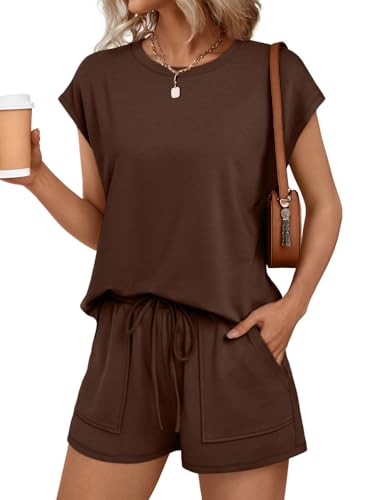 Image of AUTOMET Womens Crew Neck Two Piece Short Sets Cap Sleeve Drawstring Summer Sweatsuit with Pocket