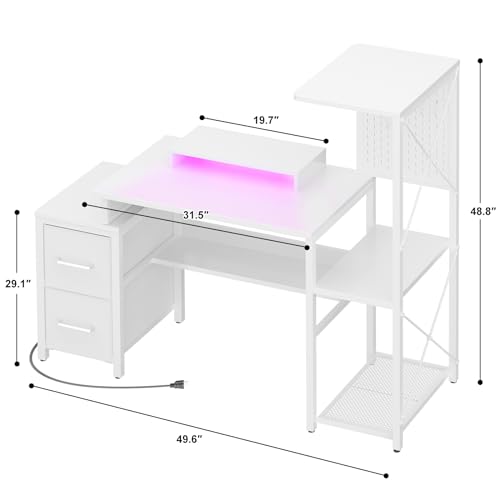 Small-Gaming-Desk-with-2-Fabric-Drawers-Reversible-Computer-Desk-with-Power-Outlet-LED-Lights-49-Office-Desk-with-Monitor-Stand-Storage-Shelves-Writing-Study-Table-with-Pegboard-White