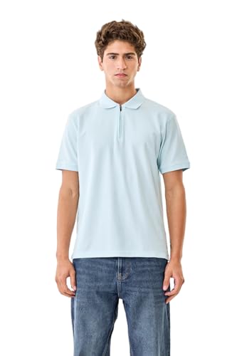 Image of SNITCH Men Polo T-Shirt | Modern Zip Closure & Textured Weave Design | 100% Cotton Breathable Fabric & Regular Fit Minimalist Style, Versatile Casual Wear