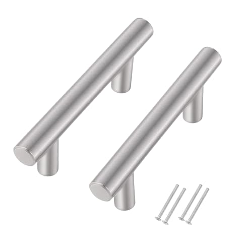 FHGLER Lot de 2 Poignee de Meuble Cuisine,Espacement des Trous de 64 mm, Acier Brossé Poignée en T pour Porte d'armoire (Couleur argent)