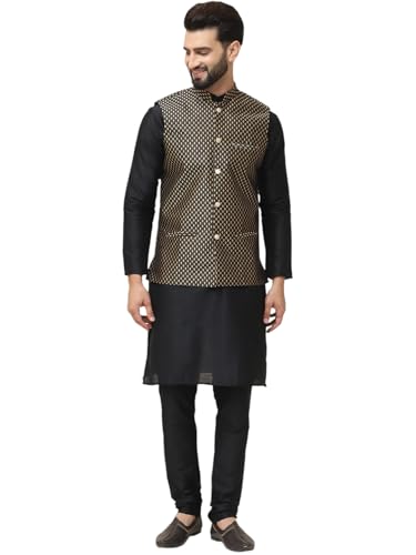 Sojanya (Since 1958 Men's Silk Blend Black Kurta Pyjama & Black Self Design Nehru Jacket Combo