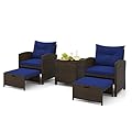 Tangkula 5 Piece Patio Rattan Furniture, Wicker Cushioned Chairs Set w/ 2 Ottomans & Tempered Glass Coffee Table, for Poolside, Backyard, Lawn, Deck (Mix Brown+Navy)