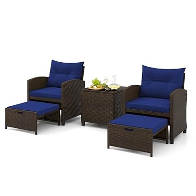 Tangkula 5 Piece Patio Rattan Furniture, Wicker Cushioned Chairs Set w/ 2 Ottomans & Tempered Glass Coffee Table, for Poolside, Backyard, Lawn, Deck (Mix Brown+Navy)