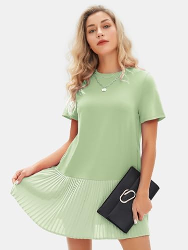 Image of EXLURA Womens Summer Casual Short Sleeve Dress Crewneck Tshirt Dresses Pleated Aline Mini Dress 2025 Vacation Beach Sundress