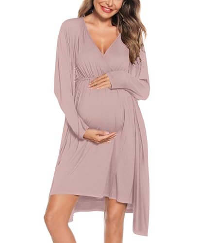 Image of SWOMOG Women Maternity Nursing Gown and Robe Set 3 in 1 Labor Delivery Nursing Nightgown for Breastfeeding Hospital Bathrobe