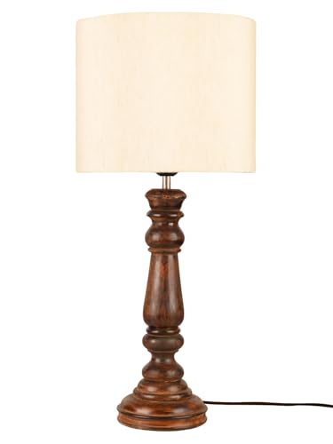 Image of Green Girgit Classic Wooden Lamp in Walnut Brown Color with Jute White Shade, Farmhouse Table Lamp with Wooden Base, Cream Fabric Shade, Traditional Style (LED Bulb Included)