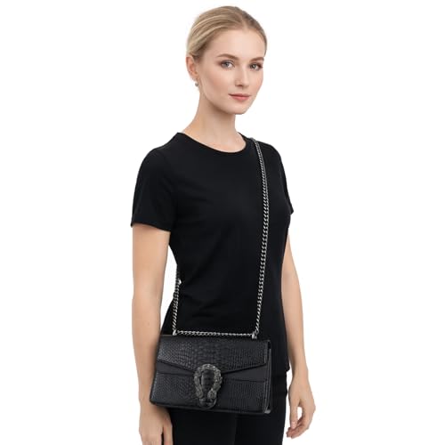 Image of Crossbody Shoulder Square Purse For Women - Fashion Embossed Snake-Print Leather Handbag Metal Chain satchel Tote Bag