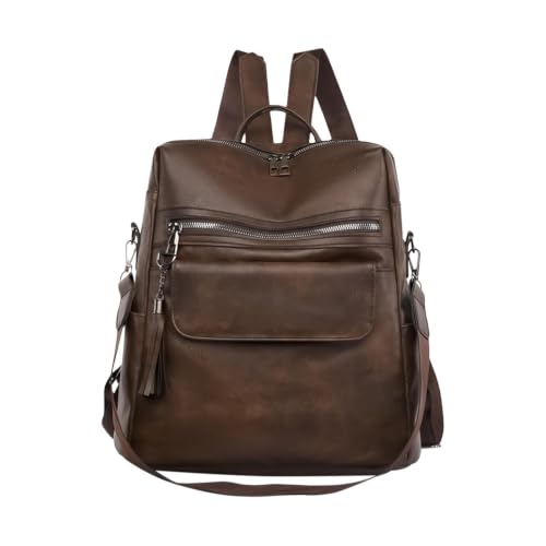 Bolsa de libros de PU de gran capacidad marrón con colgante pompón y mochila de trabajo mujer