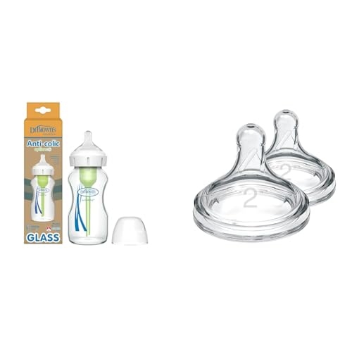 Image of Dr. Brown's Anti-Colic Options+ Wide-Neck Glass Baby Bottle 9 oz with Level 1 Slow Flow Nipple & Level 2 Medium Flow Silicone Nipples, 2 Count