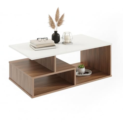 Image of FURNEASER Witely Coffee Table Modern Centre Table with Storage Shelves, Teapoy, Centerpeice Tea & Coffee Table for Living Room, Engineered Wood, Matte Finish (Exotic Teak & White)