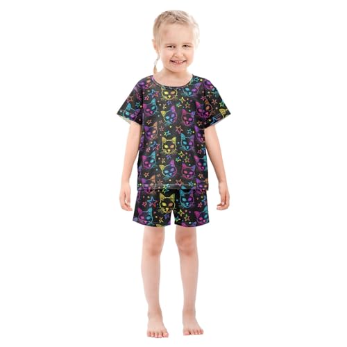 Neon Cartoon Cats Stars Summer Cute Pajama Sets, Short Sets for Daily Wears and Sleep Wears3