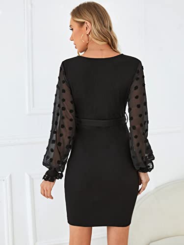 Oyoangle Women's Maternity V Neck Dot Flounce Long Sleeve Wrap Maternity Belted Bodycon Mini Dress Black S #TOP1