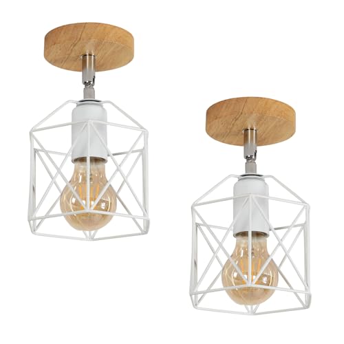Toolight 2 Piezas Lámparas de Techo Vintage, Industrial LámparaTecho Colgante Salon de Madera E27 Luz Iluminación de Techo Metal Diseño de Jaula para Pasillo Dormitorio Cocina, Blanco, 14CM