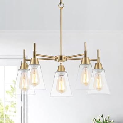 MWZ 5-Light Gold Chandeliers for Dining Room,Modern Brass Chandelier Kitchen Island Light Fixtures Over Table,Pendant Ceiling Hanging Lighting with Clear Glass Shade for Entryway Foyer Hallway