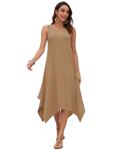 Image of AUSELILY Women's Summer Dresses Casual Sleeveless Midi Tank Beach Dress | Women's Asymmetrical Hem Sundress with Side Pockets, Great for Beach, Vacation & Daily Wear