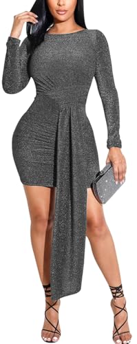 Image of Women's Casual Round Neck Long Sleeve Night Club Party Sexy Sparkly Bodycon Wrap Mini Dress