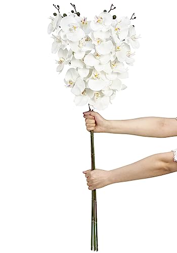 IPOPU 37in 4pcs White Orchid Artificial Flowers Fake Orchid Latex Silk Real Touch Artificial Flowers Long Stem Artificial Flowers for Tall Vase for Wedding Home Party Décor(White)