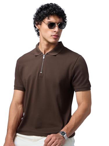Image of The Souled Store Popcorn: Dark Mocha Men and Boys Short Sleeves Collared Neck Solid Cotton Blend Regular Fit Zipper Polos
