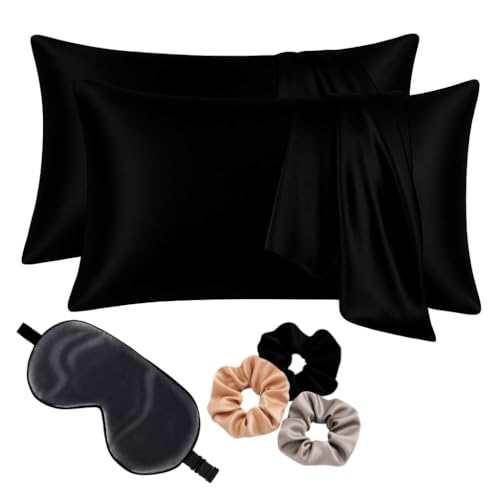 Image of Premium Satin Pillowcase Set of 2 with Eye Mask & 3 Scrunchies | Silky Soft, Anti-Frizz, Skin & Hair Care Sleep Set | Luxury Gift Combo for Women & Girls (Black)