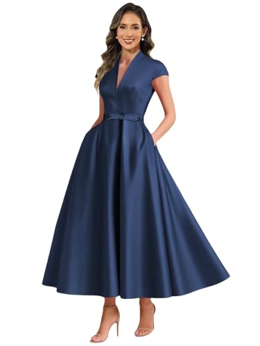 Satin Mother of The Groom Dresses for Women Tea Length V Neck A Line Formal Evening Gown with Pockets