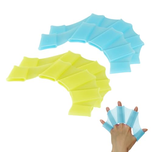 Kina - Guanti da Nuoto | Pinne per mani | Palmate | Swim Hand-Fins | Velocità e Performance Superiori | Flessibili e Comodi | Per Principianti e Professionisti Esperti (Giallo-Azzurro 2 paia)