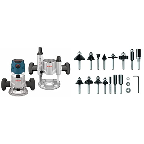 BOSCH MRC23EVSK Combination Router 15 Amp 2.3 Horsepower Corded Variable Speed Combination Plunge & Fixed-Base Router Kit with Hard Case&BOSCH 15 pc. Carbide-Tipped Wood Router Bit Set