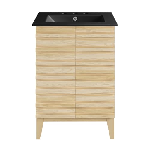 Image of Swiss Madison Cascade 24 in. Natural Oak Bathroom Vanity with Black, 3-Hole Ceramic Sink Top