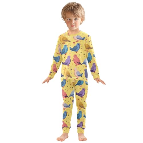 Pajama Sets Long Sleeve Colorful Birds on Yellow Soft Comfy Sleepwear 2 Piece PJS 3-8T2
