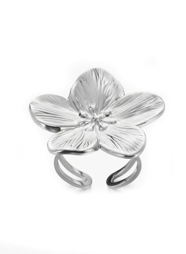 Bague Fantaisie en Acier Inoxydable Argenté ou Doré, Réglable Ajustable en forme de Fleur, Anneau ouvert, Cabochon 3 cm, Bijoux Femme Tendance Mode Fashion...