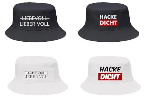 KAMACA 4er Set Fischerhut Partyhut mit Spruch Einheitsgröße Schwarz & Weiß Hacke Dicht & Lieber Voll Bucket Hat für Mallorca Urlaub Festival JGA & Sommerparty Unisex