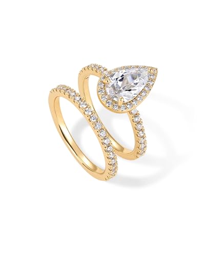 PAVOI 14K Gold Plated 1.7CT Pear Cubic Zirconia Eternity Engagement Ring Promise Ring Set for Women - Hidden Halo3