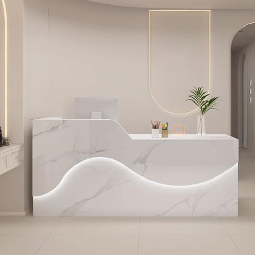 Moderno escritorio blanco con luces LED de 130 cm, mostrador frontal Slish, mesa de cajero con Ders & Sto para salón y oficina